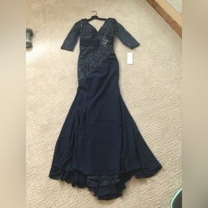 Mon Cheri Navy Blue Lace & Sequin Mermaid Gown